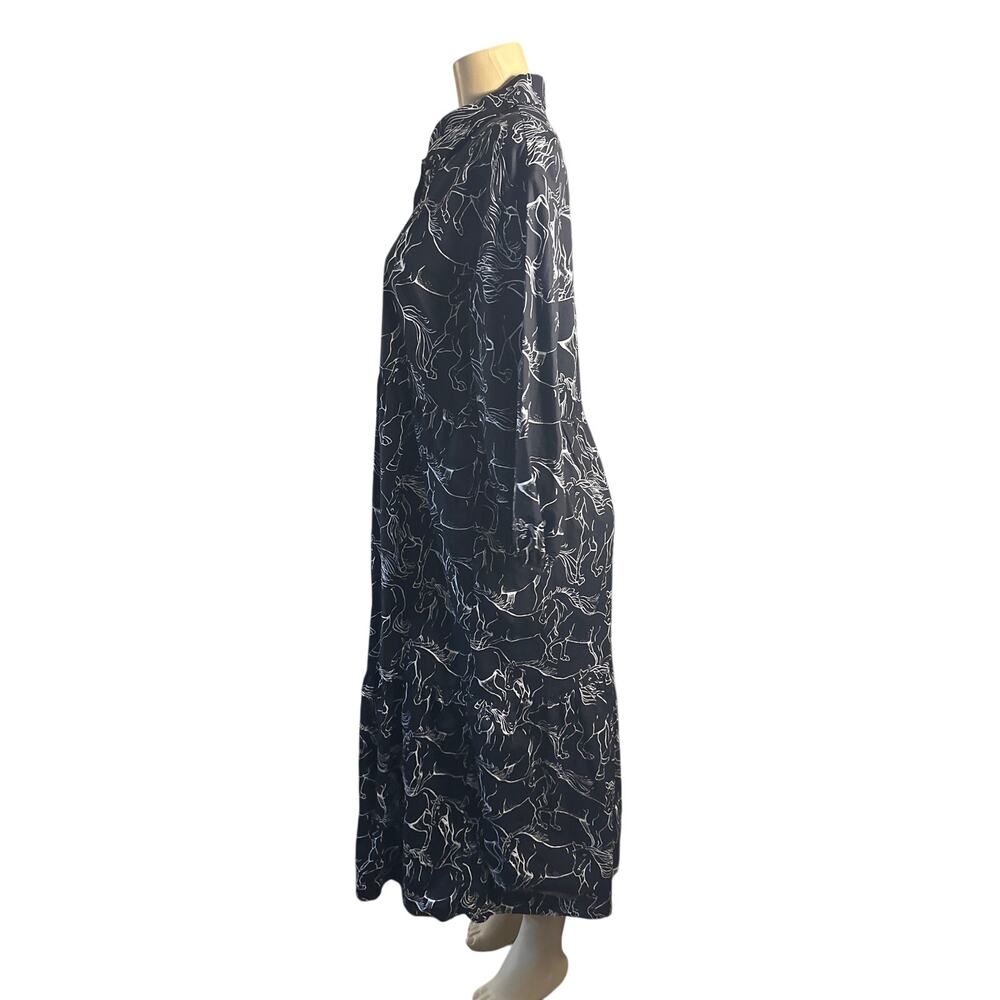 Women M Anthropologie Maeve Bettina Tiered Navy Horse Pony Printed Shirt Dress - Picture 4 of 8